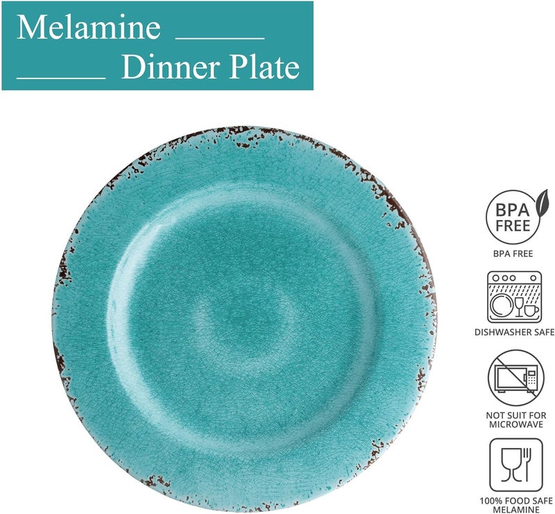 UP UPware Crackle Melamine Dinner Plate Set Round Plates for Main course Pasta and Salad BPAFree Dishwasher Safe Turquoise 11 Inch Set of 6 - Image 2
