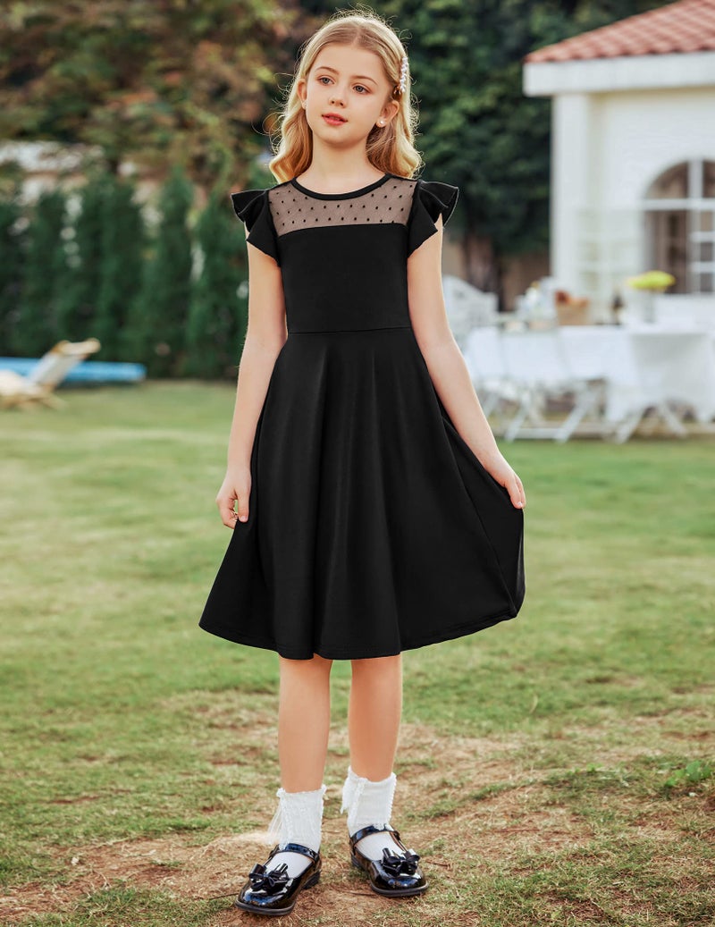 Arshiner Girls Dress Summer Ruffle Sleeve Mesh A Line Casual Party Dresses with Pockets 6-7 Years Black - Image 2