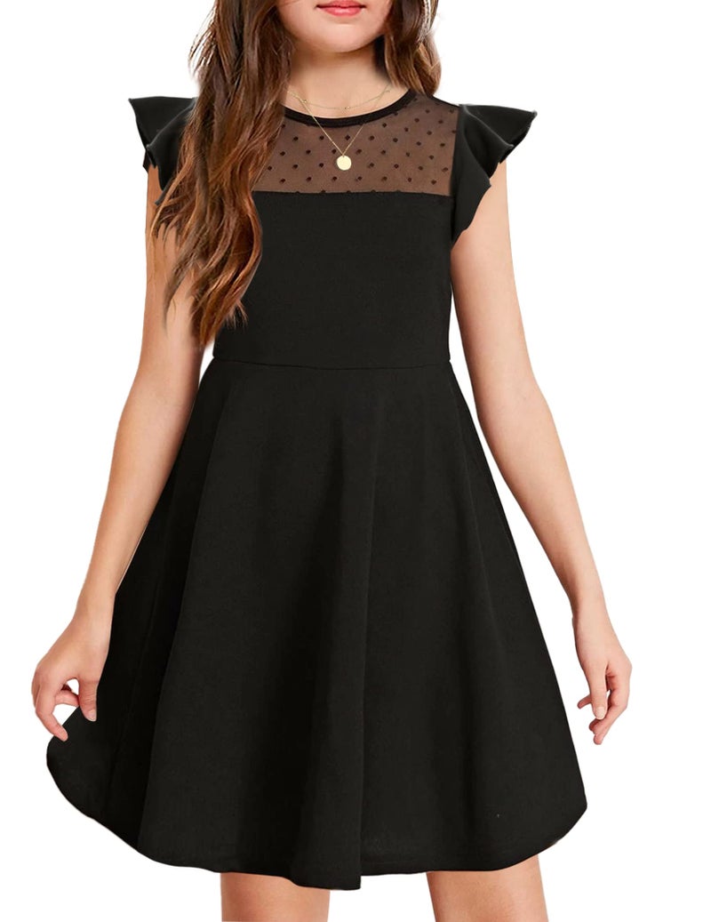 Arshiner Girls Dress Summer Ruffle Sleeve Mesh A Line Casual Party Dresses with Pockets 6-7 Years Black - Image 1