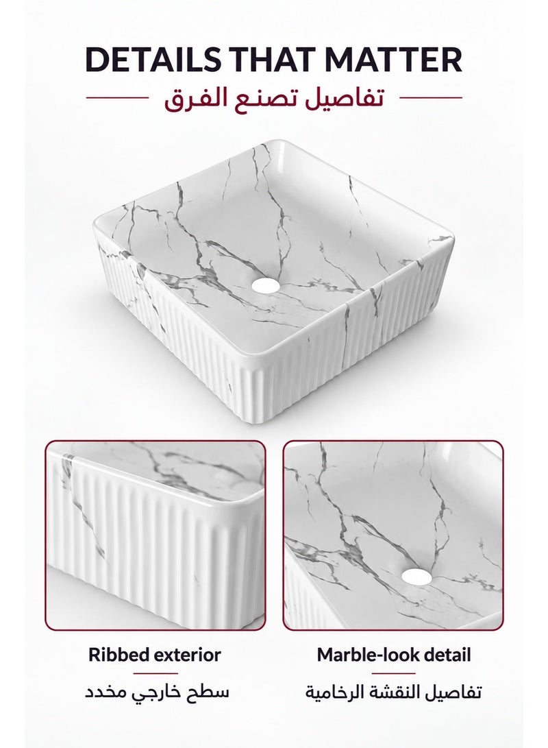 بيور حوض PURE رخامي مربع أبيض، مغسلة سطحية، حجر طبيعي، تصميم فاخر للحمام - Image 2