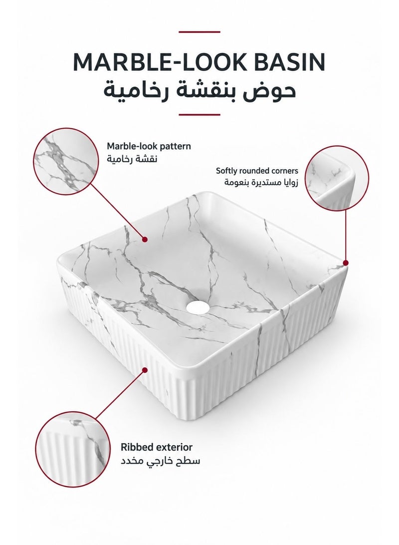 بيور حوض PURE رخامي مربع أبيض، مغسلة سطحية، حجر طبيعي، تصميم فاخر للحمام - Image 4