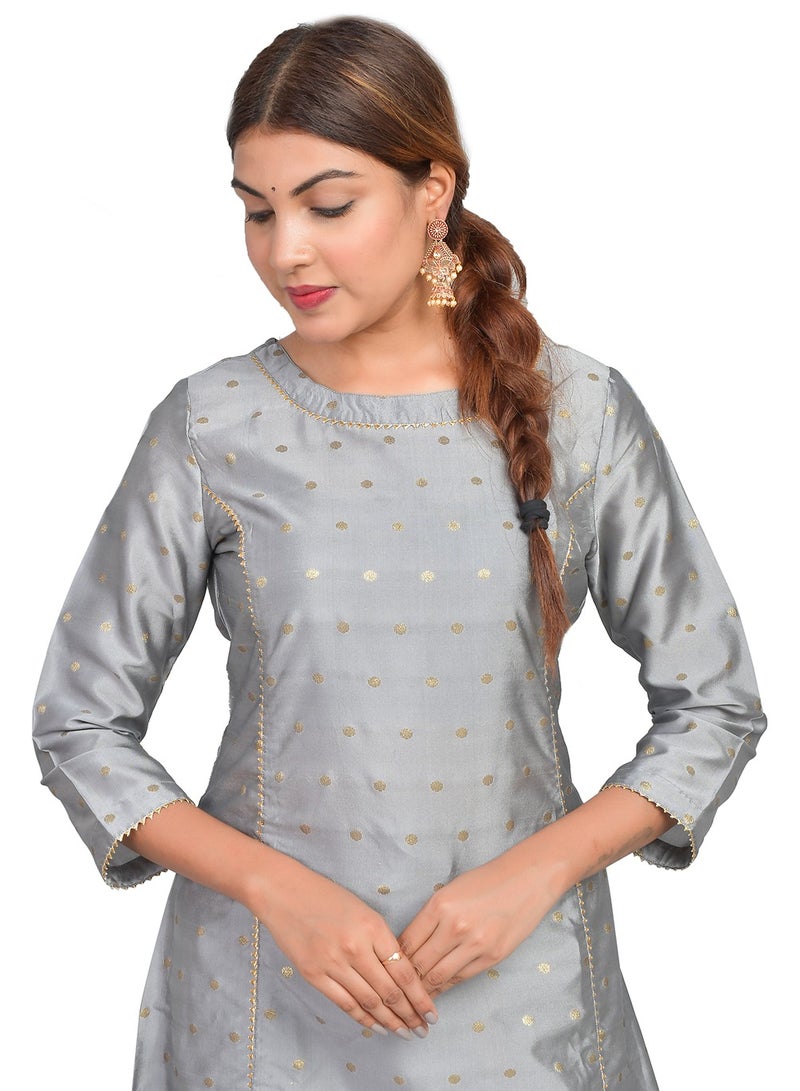Riara Women Silver Grey Kurta Pant Set Summer Suit Solid Colour Flared Kurti with Pant Casual Kurta Set for Girls Art Silk (Taffeta Booty) Size S  - Image 3
