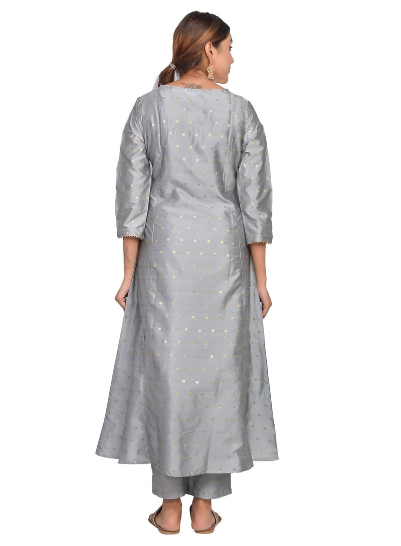 Riara Women Silver Grey Kurta Pant Set Summer Suit Solid Colour Flared Kurti with Pant Casual Kurta Set for Girls Art Silk (Taffeta Booty) Size S  - Image 4