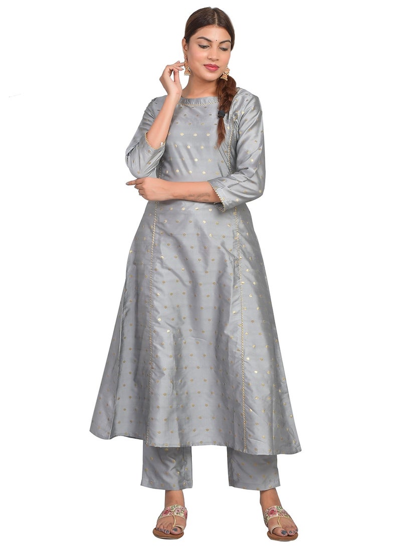Riara Women Silver Grey Kurta Pant Set Summer Suit Solid Colour Flared Kurti with Pant Casual Kurta Set for Girls Art Silk (Taffeta Booty) Size S  - Image 2