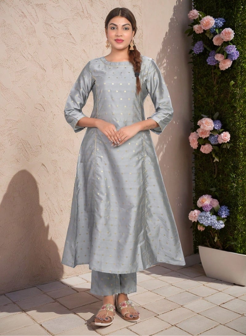 Riara Women Silver Grey Kurta Pant Set Summer Suit Solid Colour Flared Kurti with Pant Casual Kurta Set for Girls Art Silk (Taffeta Booty) Size S  - Image 1