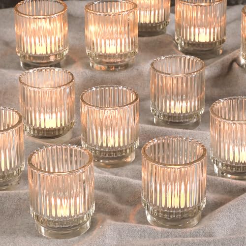 saiguomi Vintage Ribbed Clear Glass Tealight & Votive Candle Holders (Set of 12), Wedding Bridal Shower Party Table Decor, Fall Decor, Boho Decor, Shelf Decoration - Image 1