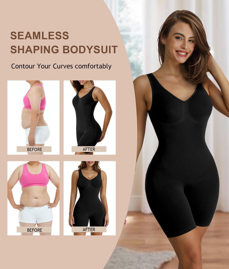 SHAPERX Women's Shaping Mid-Thigh Bodysuit Tummy Control Shapewear Seamless Sculpting Body Shaper,SZ5310-Black-S/M - Image 5