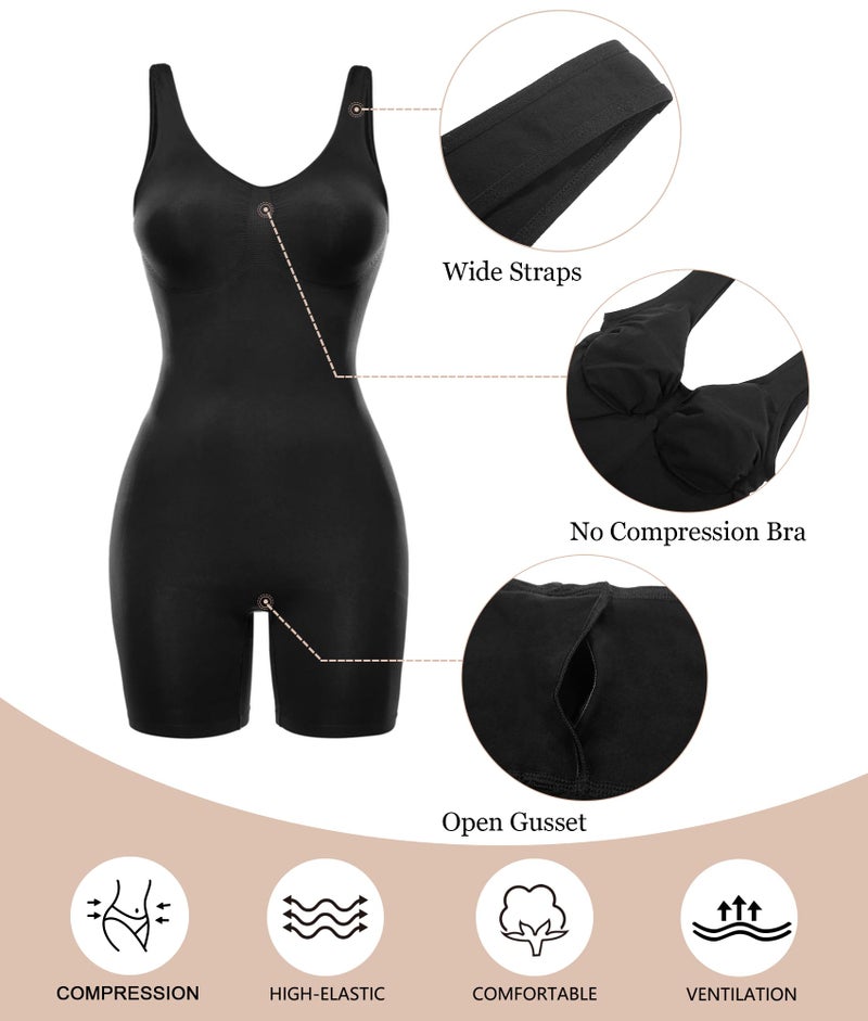 SHAPERX Women's Shaping Mid-Thigh Bodysuit Tummy Control Shapewear Seamless Sculpting Body Shaper,SZ5310-Black-S/M - Image 4