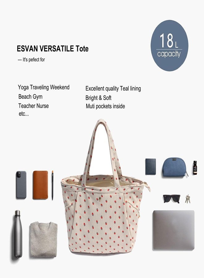 ESVAN Yoga Tote Bag for Women Shoulder Bags Drawstring for Office Workout Travel Carryall Pilates Gym and Beach (Corduroy Strawberry) - Image 4