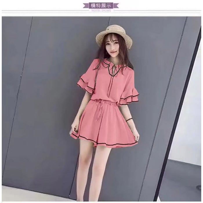 2024 Summer Korean Loose Ruffle Sleeve Top  High-Waist Shorts Set Women Pink - Image 1