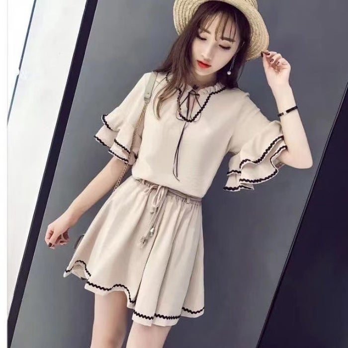 2024 Summer Korean Loose Ruffle Sleeve Top  High-Waist Shorts Set Women Pink - Image 2