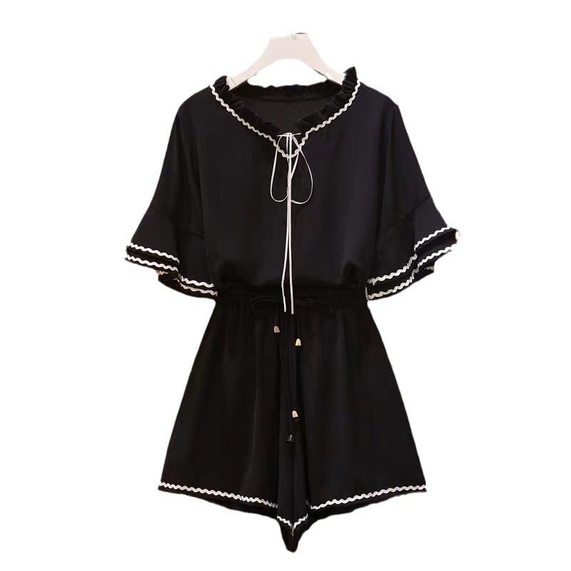 2024 Summer Korean Loose Ruffle Sleeve Top  High-Waist Shorts Set Women Pink - Image 4