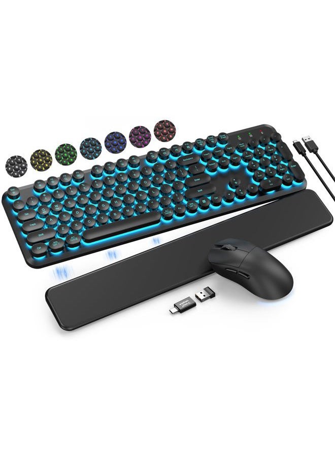 Trueque Wireless Keyboard and Mouse Backlit - Typewriter Keyboard with Detachable Wrist Rest, Retro Round Keycaps, Light Up Letters, 2.4G Cordless Combo for Mac, Windows, PC, Laptop, [2024 Upgraded] - Image 1