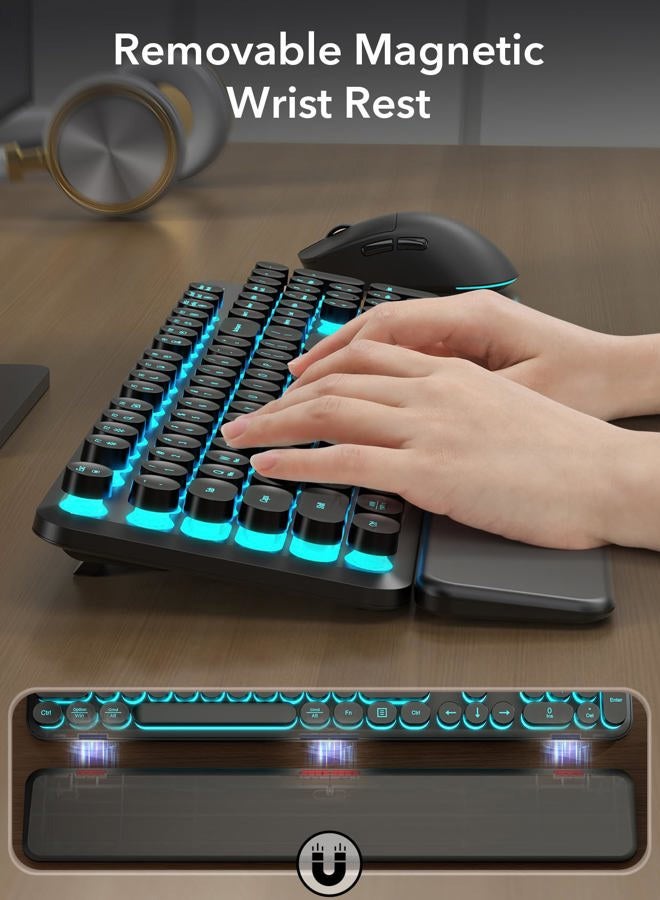 Trueque Wireless Keyboard and Mouse Backlit - Typewriter Keyboard with Detachable Wrist Rest, Retro Round Keycaps, Light Up Letters, 2.4G Cordless Combo for Mac, Windows, PC, Laptop, [2024 Upgraded] - Image 3
