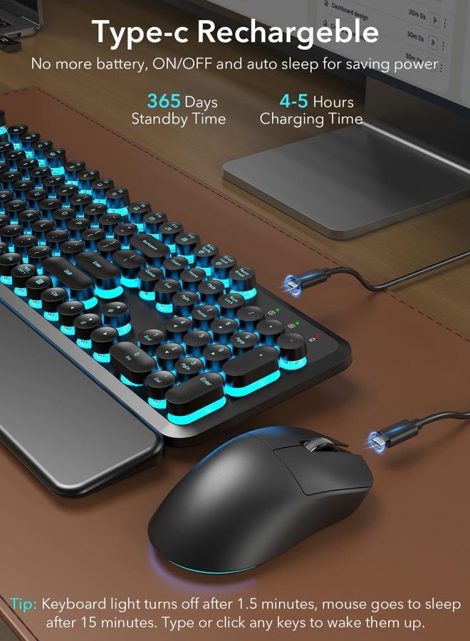 Trueque Wireless Keyboard and Mouse Backlit - Typewriter Keyboard with Detachable Wrist Rest, Retro Round Keycaps, Light Up Letters, 2.4G Cordless Combo for Mac, Windows, PC, Laptop, [2024 Upgraded] - Image 4