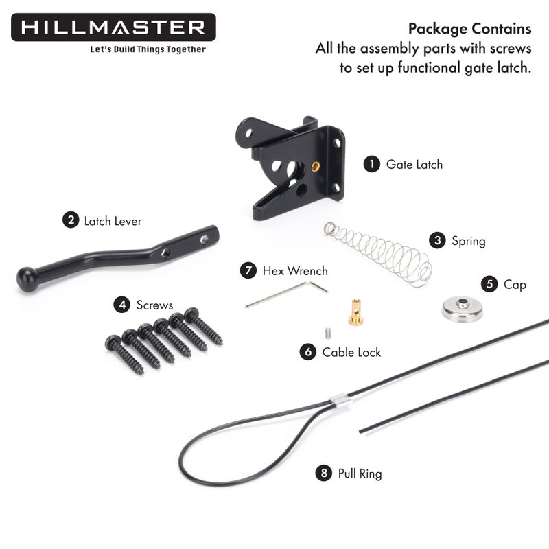 HILLMASTER Self Locking Gate Latch for Wooden Fence Heavy Duty,Gravity Lever Fence Door Latches with Steel Spring Cable Pull String Gate Hardware Gate Lock for Outdoor Secure Pool,Garden,Black Finish - Image 3