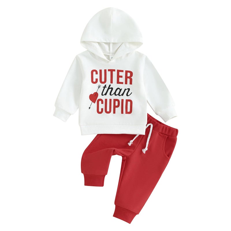 GOOCHEER Infant Valentine 's Day Toddler Baby Boy Girl Outfit Long Sleeves Hoodie Top Pants Valentines Day Clothes (White, 2-3 Years) - Image 1