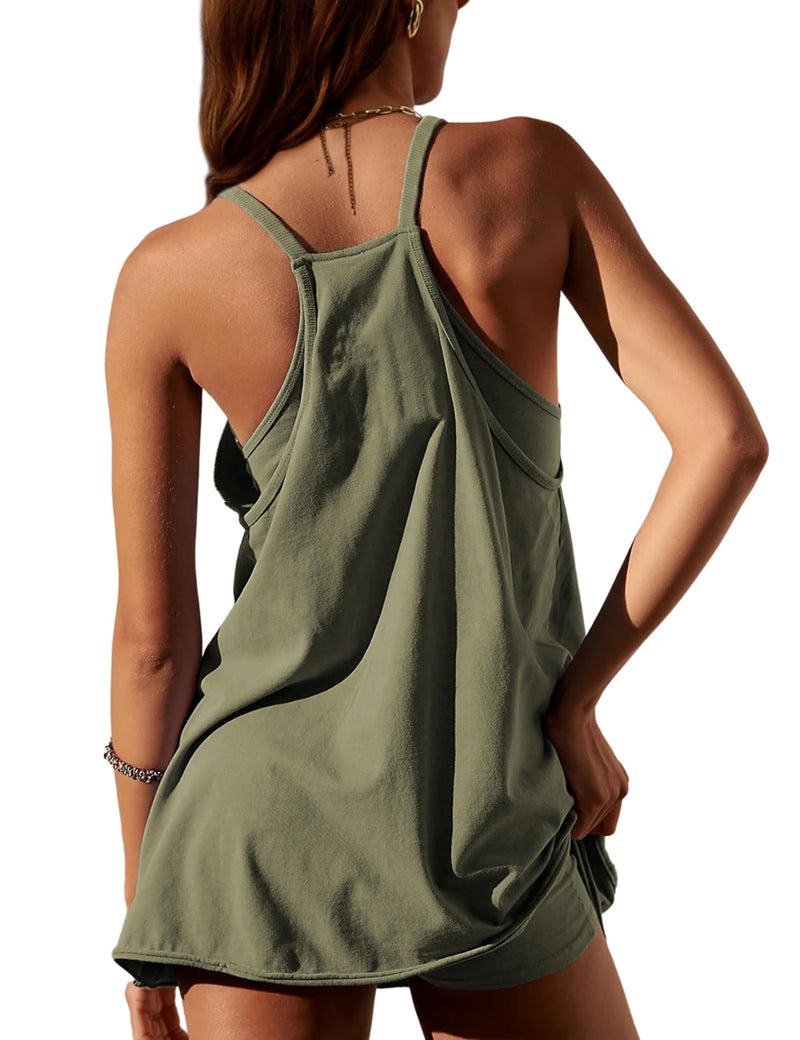 Lentta Womens Athletic Sleeveless Mini Dress with Built-in Shorts V Neck Spaghetti Strap Sundress(ArmyGreen-XL) - Image 2