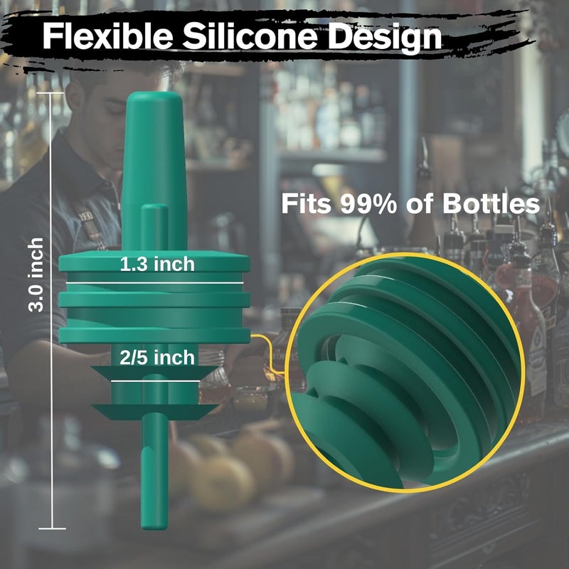 zPour Green Premium Quality Liquor Pour Spout Pack 12 Silicone Top For Bartenders Bars Home Kitchen Alcohol Juice Oil Syrup Dispenser Leakproof Easy Clean Reusable Bottle Cap Colored Pour Control Tool - Image 4