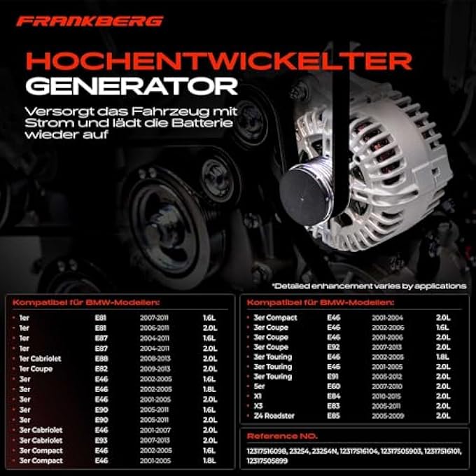 Frankberg Alternator Alternator Generator Compatible with E81 E87 116i 118i 120i 2004-2011 E82 E88 118 120 E46 E90 316i 318i 320i E60 520i X1 X3 Z4 Replacement e#12 317516098 - Image 3