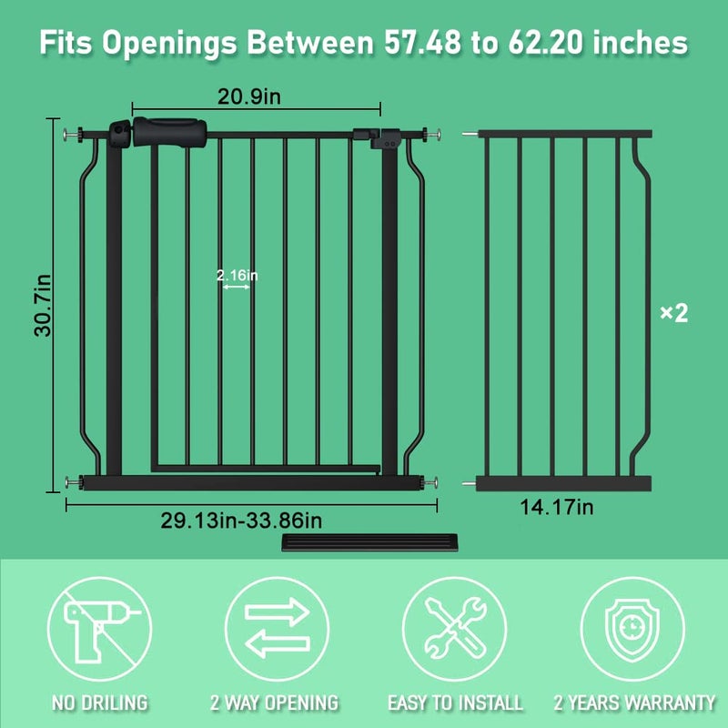 ALLAIBB Extra Wide Pressure Mounted Baby Gate Walk Through Child Kids Safety Toddler Tension White Long Large Pet Dog Gates with Extension for doorways Kitchen (57.48-62.20"/146-158cm, Black) - Image 5