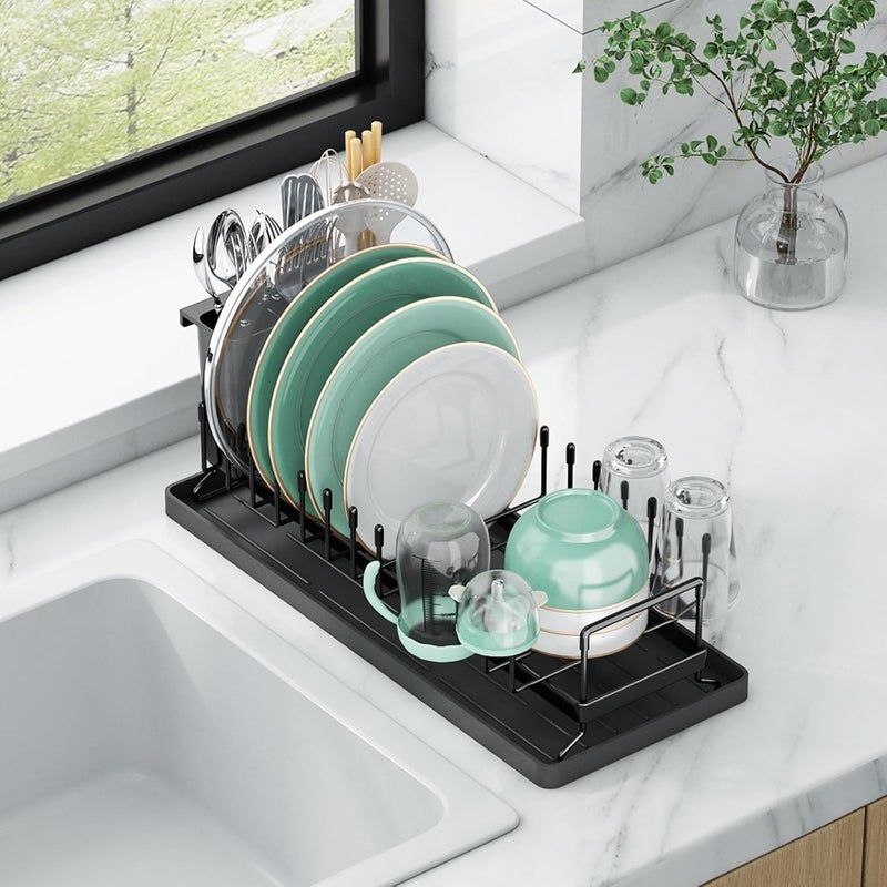 Aufworld Small Dish Drying Rack, Compact Dish Rack with Silicone Drying Mat, Stainless Steel Dish Drainer with Utensil Holder, Space Saving Drain Rack for Kitchen Counter, RVs, Apartments - Image 1