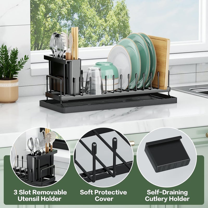 Aufworld Small Dish Drying Rack, Compact Dish Rack with Silicone Drying Mat, Stainless Steel Dish Drainer with Utensil Holder, Space Saving Drain Rack for Kitchen Counter, RVs, Apartments - Image 4