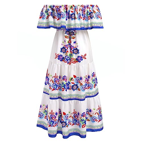 IKADEX Women Mexican Dress Off Shoulder Floral Long Maxi Dress Summer Beach Party Cinco de Mayo Dresses White + Blue M - Image 3