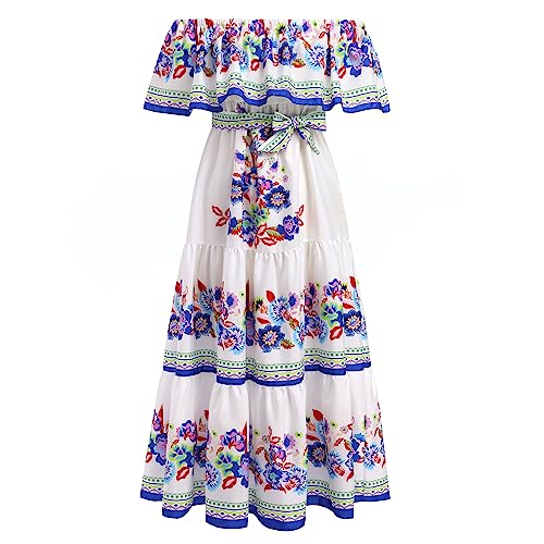 IKADEX Women Mexican Dress Off Shoulder Floral Long Maxi Dress Summer Beach Party Cinco de Mayo Dresses White + Blue M - Image 1