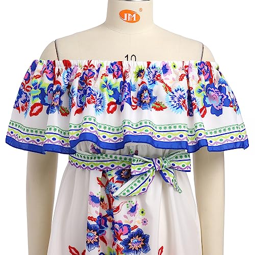 IKADEX Women Mexican Dress Off Shoulder Floral Long Maxi Dress Summer Beach Party Cinco de Mayo Dresses White + Blue M - Image 2