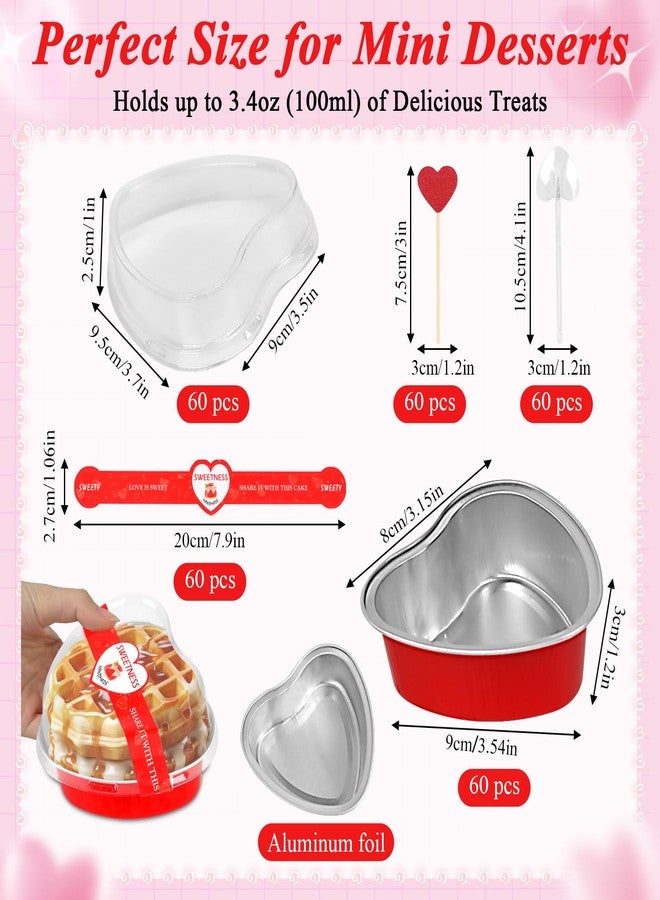 YQER 60 Pack Valentine's Day Heart Shaped Cake Pans - 3.4oz Mini Aluminum Foil heart shape Cupcake pan with Lids, Spoons and Valentine Heart Stickers - Disposable Baking Tins Supplies for Gifts, Red - Image 2