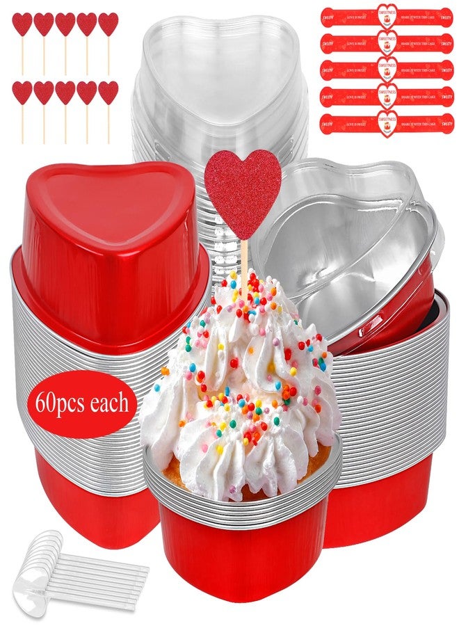 YQER 60 Pack Valentine's Day Heart Shaped Cake Pans - 3.4oz Mini Aluminum Foil heart shape Cupcake pan with Lids, Spoons and Valentine Heart Stickers - Disposable Baking Tins Supplies for Gifts, Red - Image 1