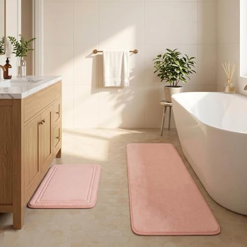 PAGGED Pink Bathroom Rug Set of 2 Memory Foam Bath Mat Runner Set Non Slip Washable Floor Mats Soft Absorbent Plush Microfiber Shower Tub Bathrug Blsh - Image 1