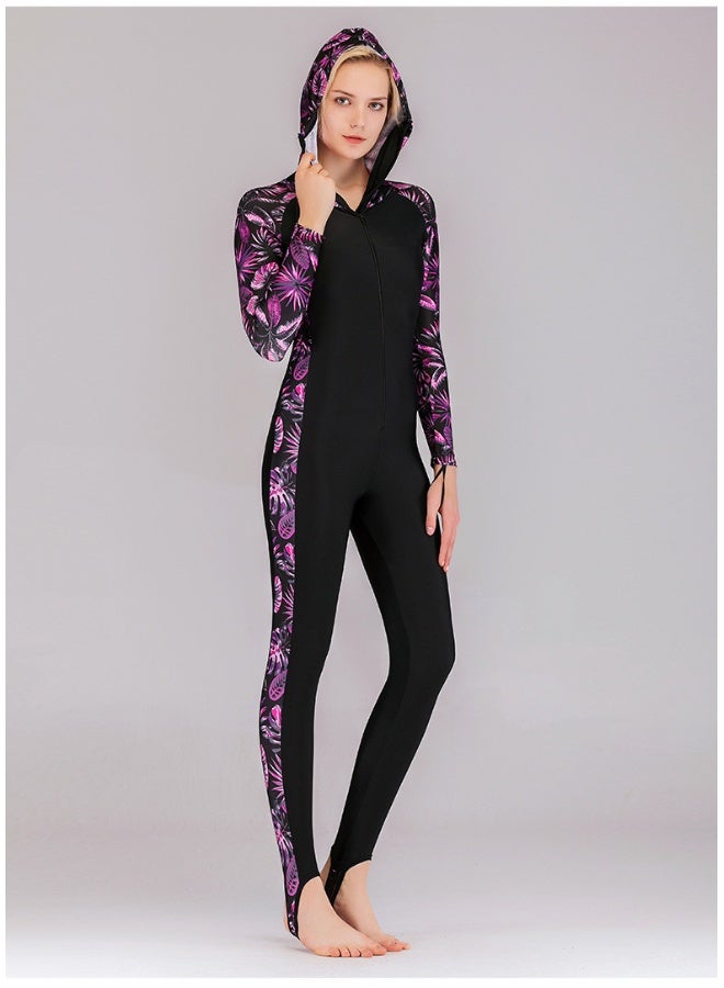 NIBEMINENT Women One-Piece Long Sleeve Pattern Wetsuit Zipper Hoodied Diving Suit Full Body Surfsuit for Water Sport  - Image 1