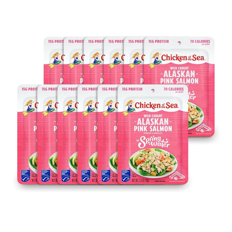 Chicken of the Sea Alaskan Pink Salmon in Spring Water, 2.5 Ounce Packets (Box of 12), Wild Caught, Skinless & Boneless - Image 1
