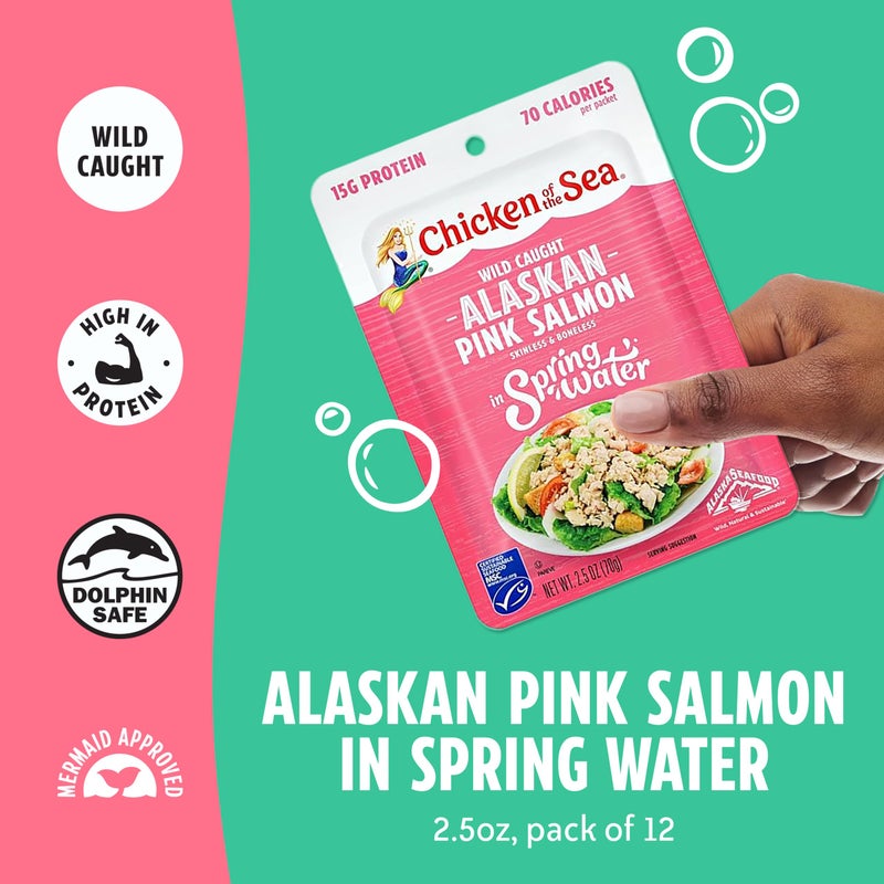 Chicken of the Sea Alaskan Pink Salmon in Spring Water, 2.5 Ounce Packets (Box of 12), Wild Caught, Skinless & Boneless - Image 2