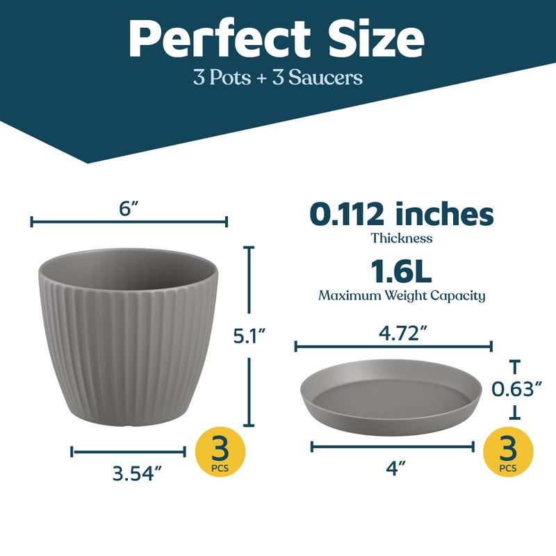 LifeMaster Gray 6-Inch Plant Pots with Drainage & Saucers 3 Pack, Indoor & Outdoor Planters for Houseplants, Herbs, and Flowers, Durable & Weatherproof Material, Stackable, Lightweight, Minimalist Design - Image 2