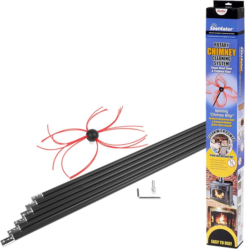 Gardus SootEater Rotary Chimney Cleaning System - RCH205-B Chimney Sweep Kit, Cleans Open Chimneys up to 18' with 6 Flexible 3' Rods, Chimney Cleaning Kit with Trim-to-Fit Spinning Chimney Whip - Image 1