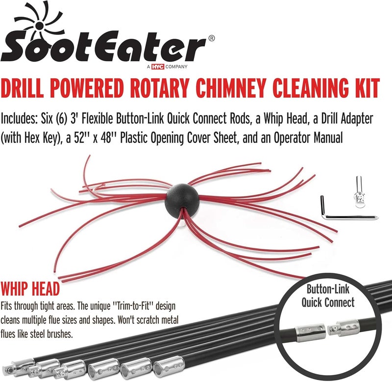 Gardus SootEater Rotary Chimney Cleaning System - RCH205-B Chimney Sweep Kit, Cleans Open Chimneys up to 18' with 6 Flexible 3' Rods, Chimney Cleaning Kit with Trim-to-Fit Spinning Chimney Whip - Image 2