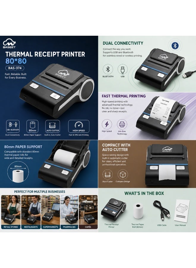 BASEET BAS-374 Thermal Receipt Printer 80x80mm High-Speed USB POS Printer for Retail, Restaurants & Supermarkets - Image 2