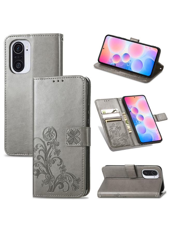 The Bros Case For Xiaomi Redmi K40 / K40 Pro Four-leaf Clasp Embossed Buckle Mobile Phone Protection Leather Case with Lanyard & Card Slot & Wallet & Bracket Function