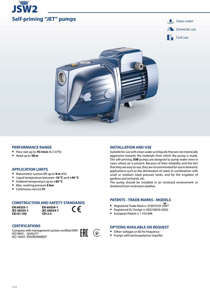 JSWm2A Self Priming Pump 1 Phase 1.5 HP
