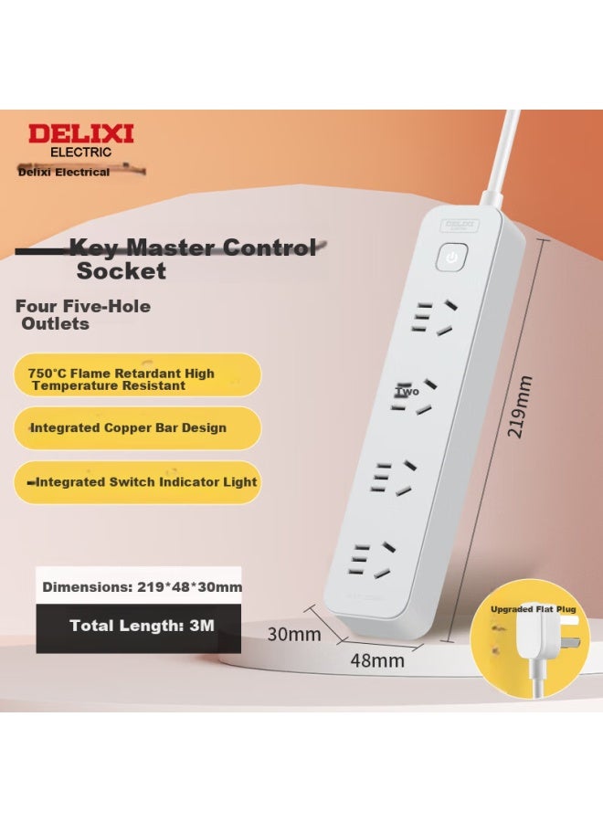 Delixi New National Standard Socket/extension Cord/power Strip/plug/extension Board/plug Board/terminal Board 4-way Five-hole Master Switch 3m Moonlight Grey - Image 1