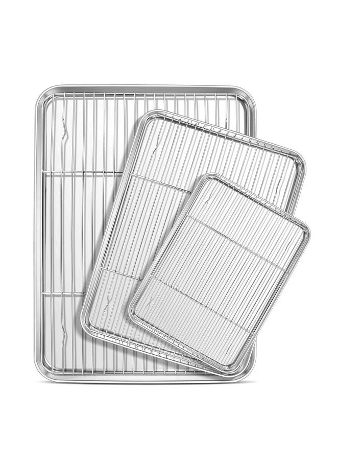 إي-فار مجموعة صينية خبز إي-فار مع رف تبريد (3 صواني + 3 رفوف)، صواني خبز من الفولاذ المقاوم للصدأ مقاس 16/12.5/9.3 بوصة ورف سلكي للفرن، غير سام وسهل التنظيف - Image 1