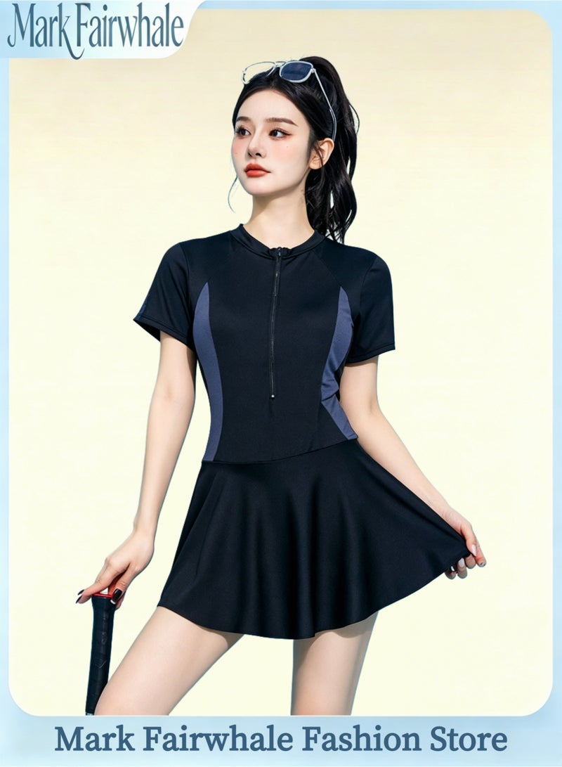 Mark Fairwhale New Spliced Short Sleeved Front Zipper One-Piece Skirt Swimsuit - Image 1