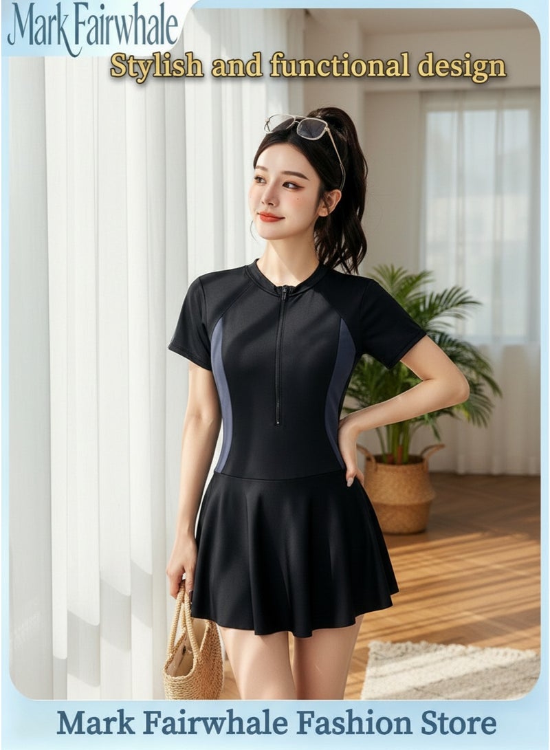 Mark Fairwhale New Spliced Short Sleeved Front Zipper One-Piece Skirt Swimsuit - Image 3