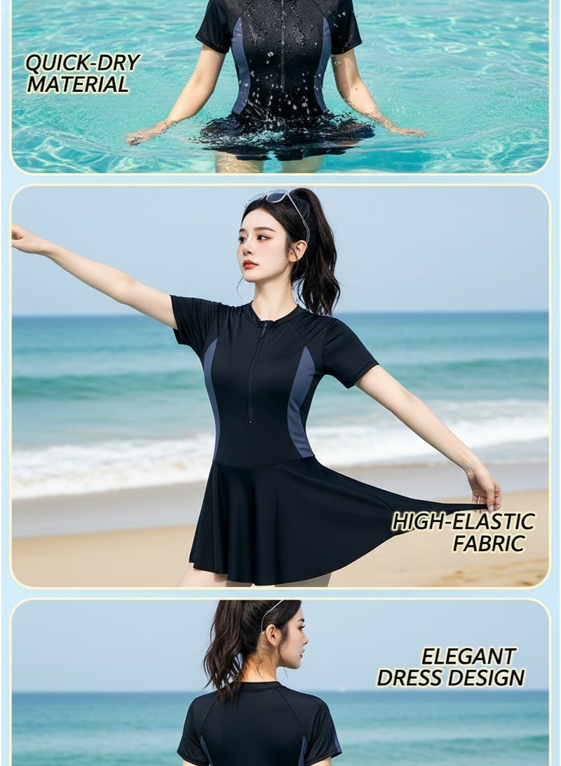 Mark Fairwhale New Spliced Short Sleeved Front Zipper One-Piece Skirt Swimsuit - Image 5