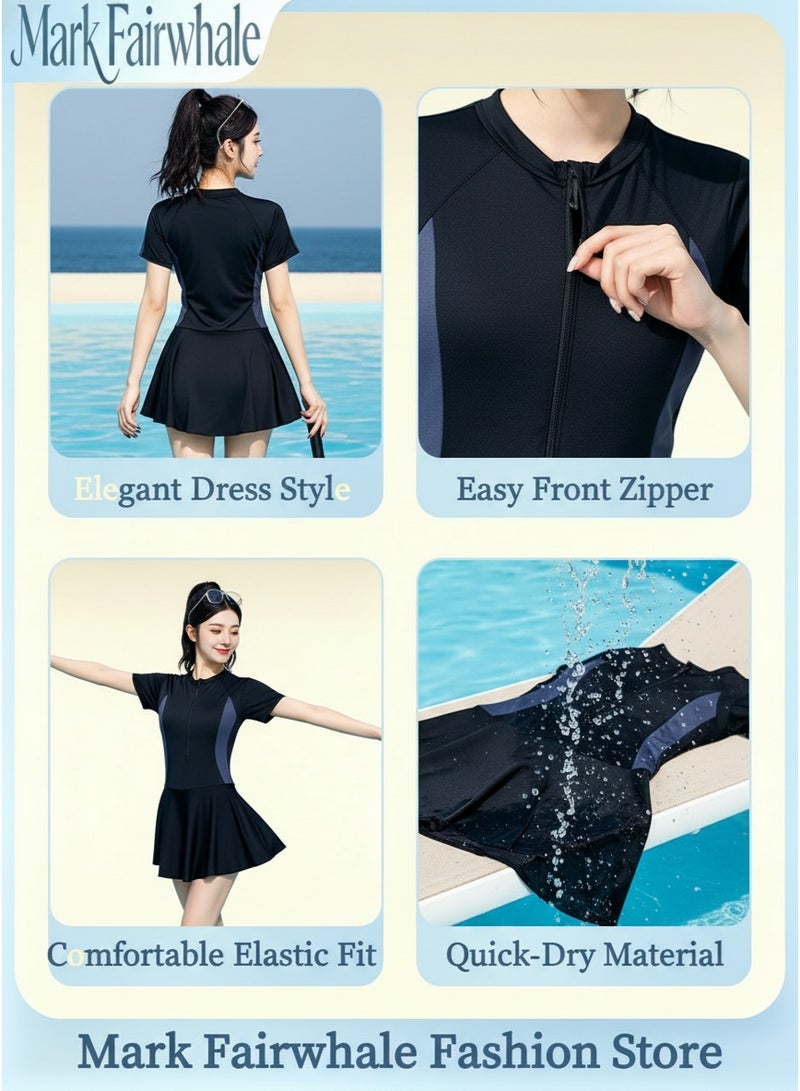 Mark Fairwhale New Spliced Short Sleeved Front Zipper One-Piece Skirt Swimsuit - Image 2