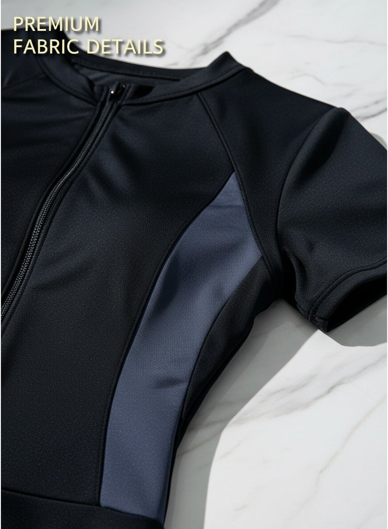 Mark Fairwhale New Spliced Short Sleeved Front Zipper One-Piece Skirt Swimsuit - Image 4