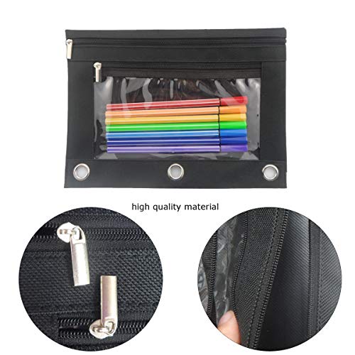 Enyuwlcm 3 Ring Binder Pencil Pouch with Durable Zipper Binder Pencil Case with Clear Window 2 Pocket Black Canvas 4 Pack - Image 2